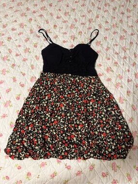 Black Floral Mini Dress with Red Rose Print